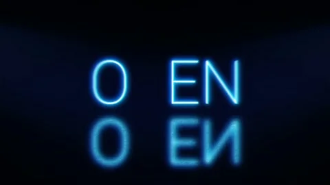 Open bright glowing neon blinking signboard. Blue letters with shadow. Stock Footage 142350848