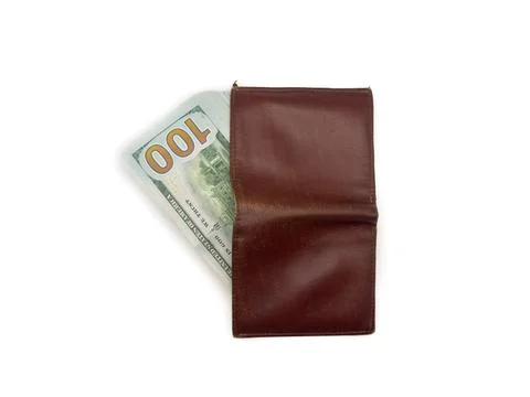 Open brown leather wallet with US dollar bills isolated on white background, Stock Photos
