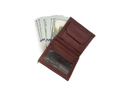 Open brown leather wallet with US dollar bills isolated on white background, Stockfoto's