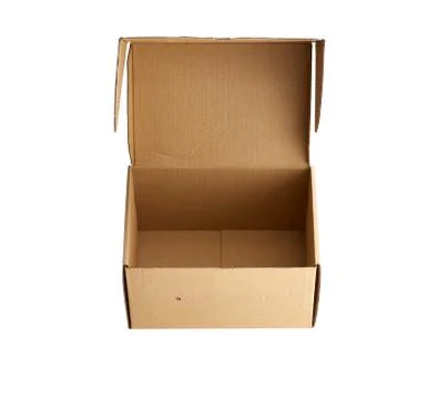 Open brown rectangular cardboard box for transporting goods Stock Photos