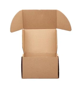 Open brown rectangular cardboard box for transporting goods Stockfoto's