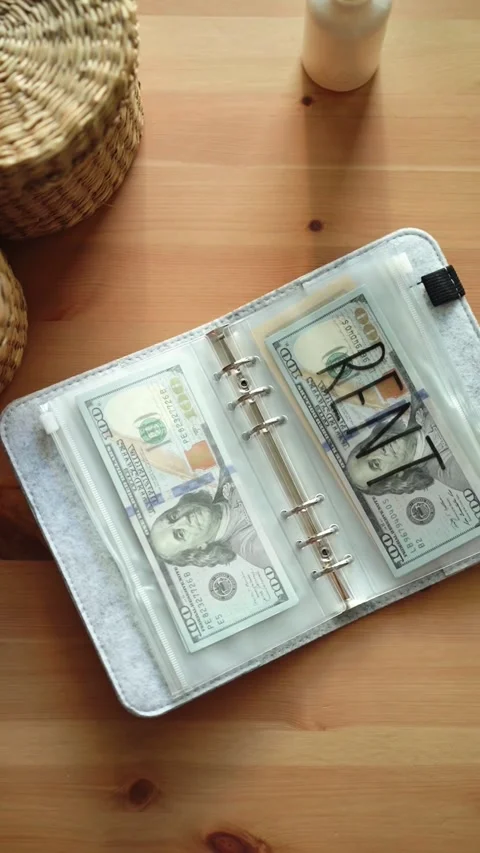 Open budget binder with rent envelope on wooden table Video stock 331772071