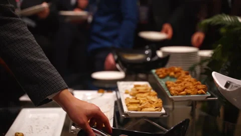 Open buffet with shiny look. Buffet restaurant. Stock Footage 245113499