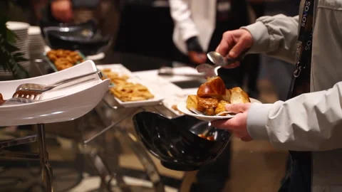 Open buffet with shiny look. Buffet restaurant. Stock Footage 245113996