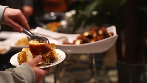 Open buffet with shiny look. Buffet restaurant. Stock Footage 245113997