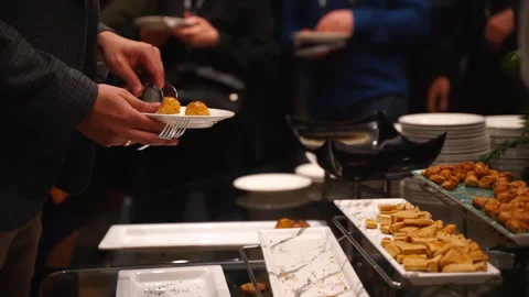 Open buffet with shiny look. Buffet restaurant. Stock Footage 245114038