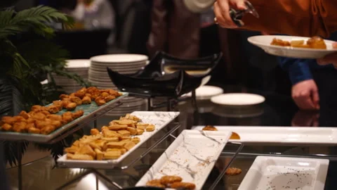 Open buffet with shiny look. Buffet restaurant. Stock Footage 245115993