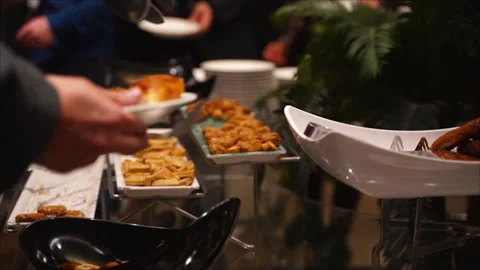 Open buffet with shiny look. Buffet restaurant. Stock Footage 245117514