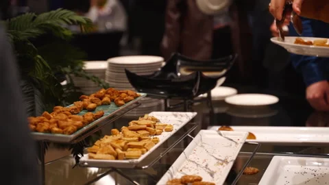 Open buffet with shiny look. Buffet restaurant the hotel restaurant Stock Footage 245117849