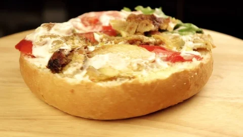 Open Burger without top bun rotates 360 degrees Stock Footage 119234787