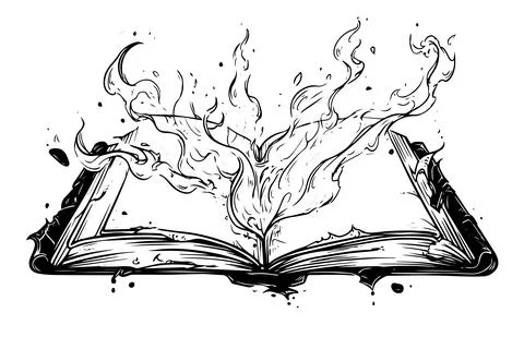 Open burning book hand drawn ink sketch. Engraved retro style vector Stock Illustration