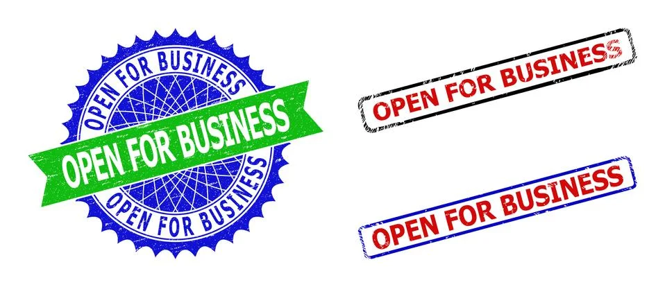 OPEN FOR BUSINESS Rosette and Rectangle Bicolor Seals with Unclean Surfaces Stock Illustration