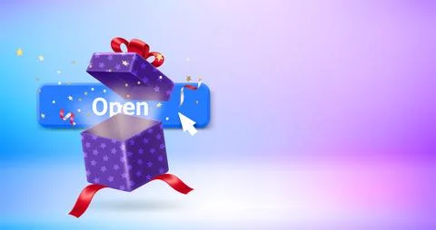 Open button with gift box. Vector 3d banner with copy space Stock Illustration