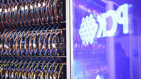 Open cabinet of supercomputer with cables Video stock 103456185