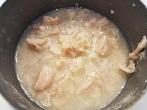 Open can of canned chicken Stock Photos