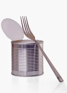 Open a can with  fork Foto stock