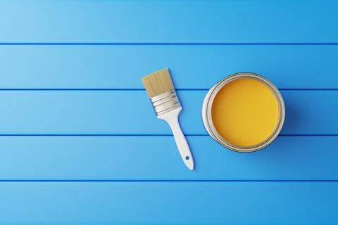 An open can of paint and a brush on a blue background Ilustração Stock