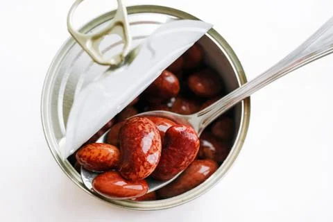 Open can of red beans Stock Photos