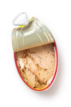 Open can of solid white meat tuna in olive oil Stock Photos