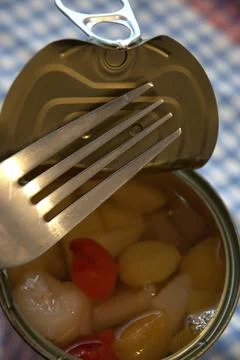 Open canned fruit salad with fork close-up Photos