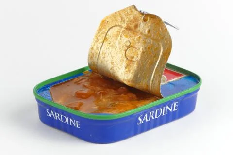 Open cans of sardines in tomato sauce Stock Photos