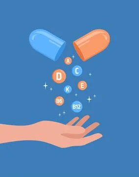 Open capsule and vitamins levitating above hand on blue background Stock Illustration