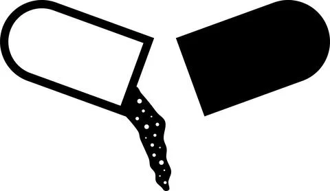 Open Capsule with Falling Granules Silhouette. Black and White Icon Design .. Stock Illustration