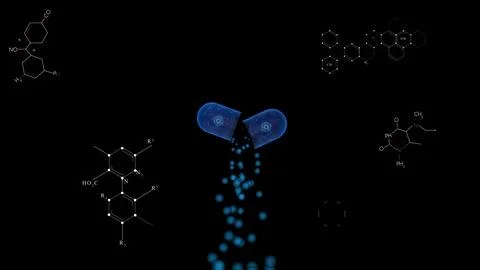 Open Capsule with Glowing Particles and Chemical Structures Stock Illustration
