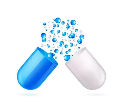 Open capsule pill with falling out blue and gray molecules in realistic style イラスト素材