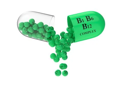 Open capsule with vitamin B complex from which the contents are poured Stock Illustration