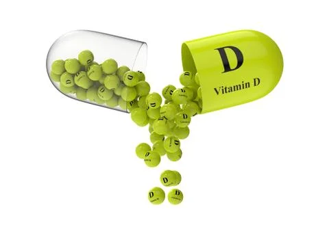 Open capsule with vitamin D from which the vitamin composition is pouring Stock Illustration