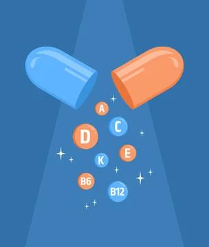 Open capsule with vitamins on a blue background, flat vector illustration Stock Illustration