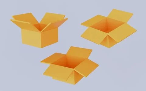 Open cardboard box 3d icon set, Cartoon parcel mockup template, Brown paper Stock Illustration
