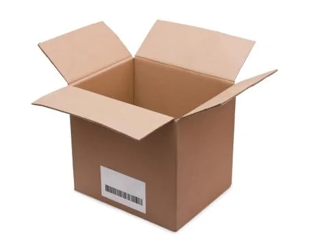 Open cardboard box with a bar code Stock-Fotos