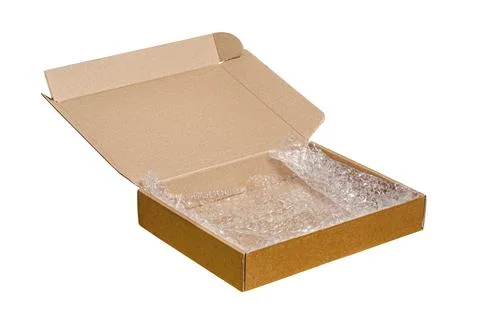An open cardboard box with bubble wrap. The concept of packaging parcels wi.. Stock Photos