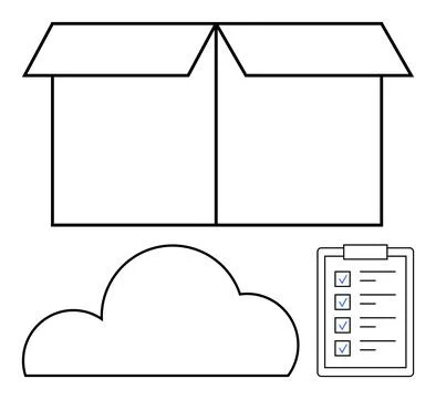 Open cardboard box, cloud storage symbol, and checklist clipboard with ticked Stockillustratie