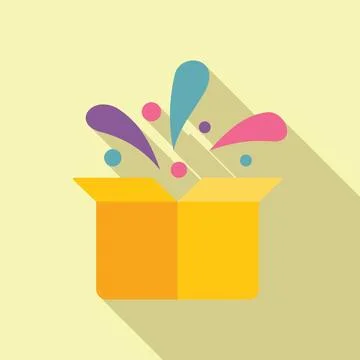 Open cardboard box with colorful exploding party inside Stockillustratie