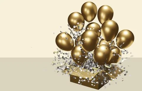 Open a cardboard box containing a birthday balloon and a 3D achievement celeb Stock Illustration