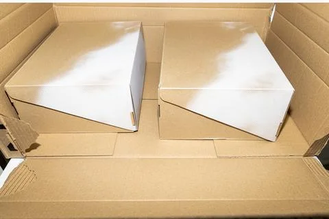 Open cardboard box containing two shoe boxes. Stock Photos