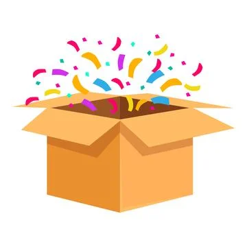 Open cardboard box exploding with colorful confetti Stock Illustration