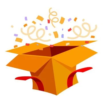 Open cardboard box exploding with colorful confetti Stock Illustration