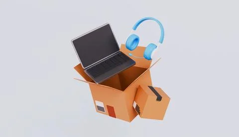 Open Cardboard box with floating Laptop and Headphones, Unboxing parcel Stock Illustration