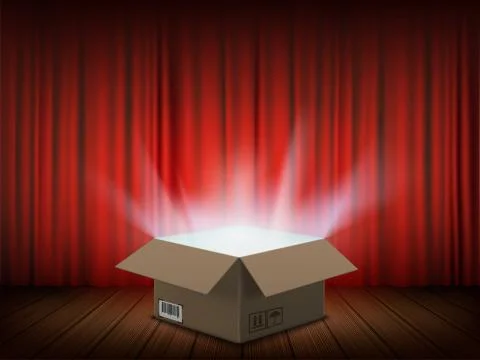 Open cardboard box with a glow inside. Cargo delivery 스톡 일러스트