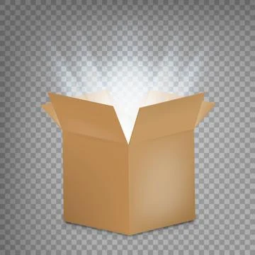 Open cardboard box with a glow inside. Open box with the outgoing light. Vect Stock Illustration