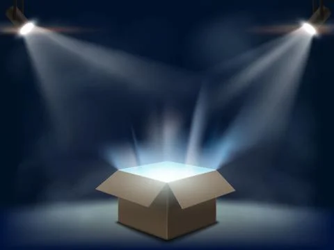 Open cardboard box with light inside. Background with spotlights Stockillustratie