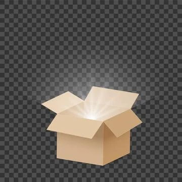 Open cardboard box with luminous rays and light bursting out, glowing carton Stock Illustration