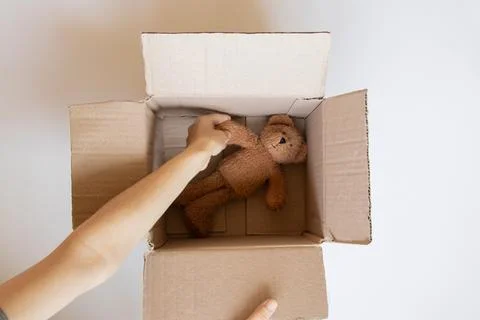An open cardboard box with a teddy bear and wrapping paper, and a girl's ha.. Stock Photos