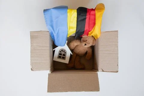 An open cardboard box with a teddy bear, a toy house, and the flags of Ukra.. Stock Photos
