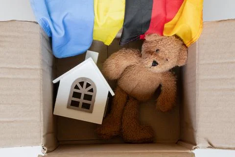 An open cardboard box with a teddy bear, a toy house, and the flags of Ukra.. Stock Photos