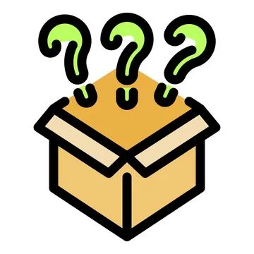 Open cardboard box with three question marks emerging, representing mystery.. Stock Illustration